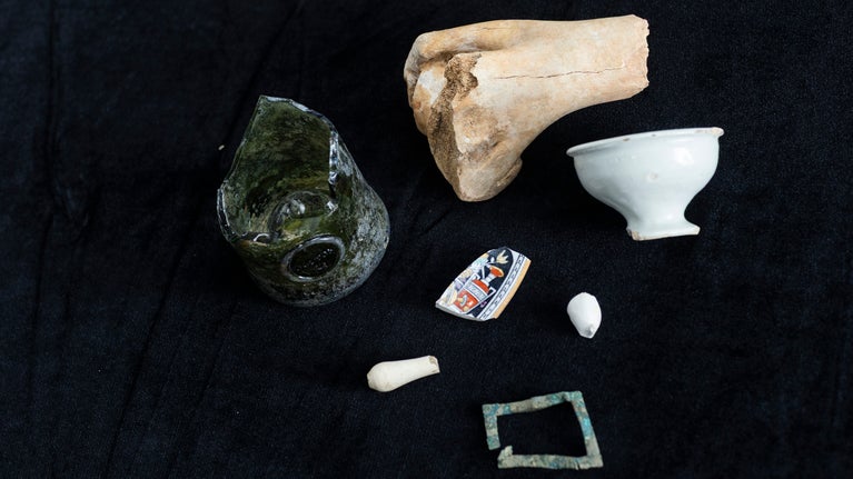 Each of the discoveries set on a black background, includes fragments of a bone, wine bottle, ointment pot, buckle, glazed plate, wig curler and clay pipe